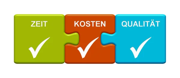 ドイツ語の時間コストと品質を示す目盛りシンボルと つのパズルのボタン — ストック写真