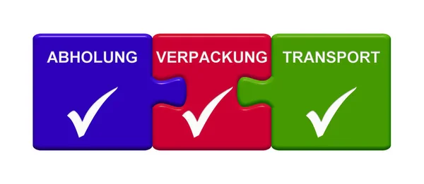 Three Puzzle Buttons Tick Symbols Showing Collection Packing Transport German — Stock Photo, Image