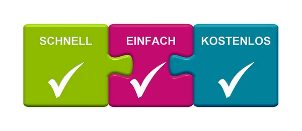 Three Puzzle Buttons Tick Symbols Showing Fast Easy Free German — Stock Photo, Image