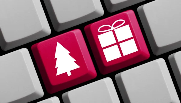 Rode Computertoetsenbord Met Fir Tree Cadeau Symbool — Stockfoto