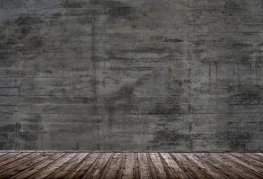 Tahta kahverengi zemin ve boş gri beton duvar.