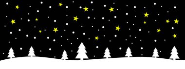 Geniş Noel kartı siyah veya beyaz kış manzara, kar taneleri ve sarı yıldız ile banner