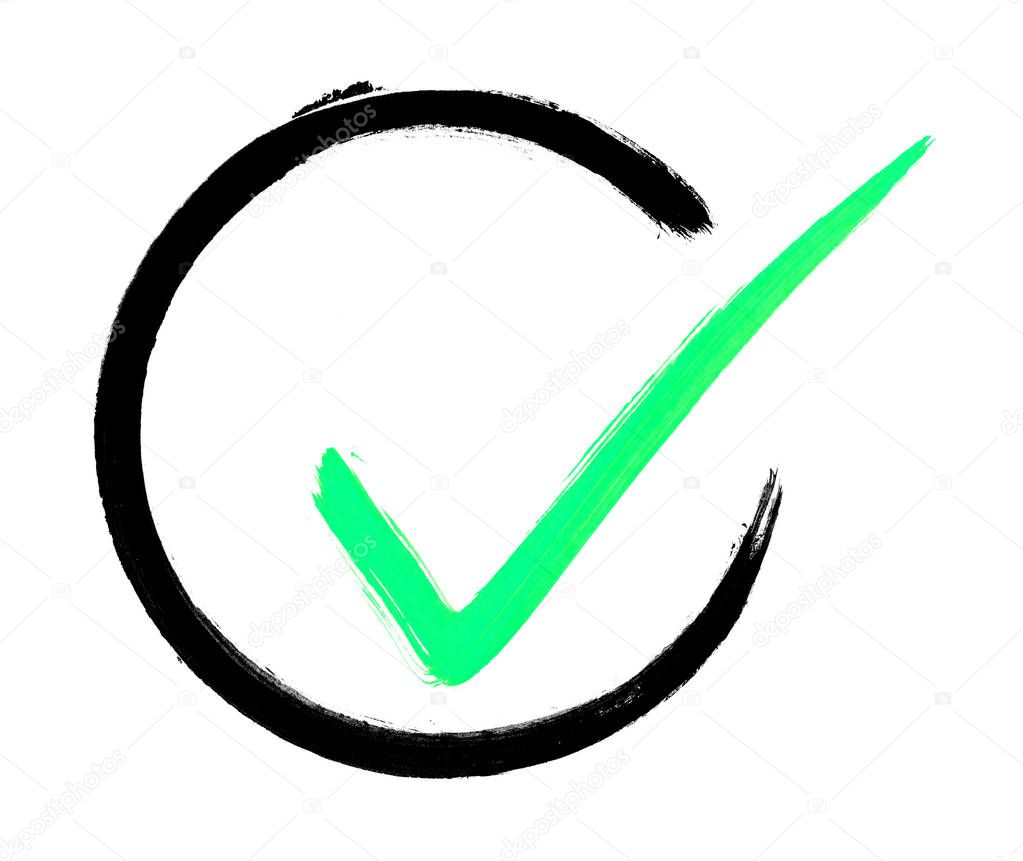 Hand painted black brush circle with green tick symbol