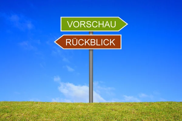 Signpost Fora Está Mostrando Revisão Visualização Língua Alemã — Fotografia de Stock