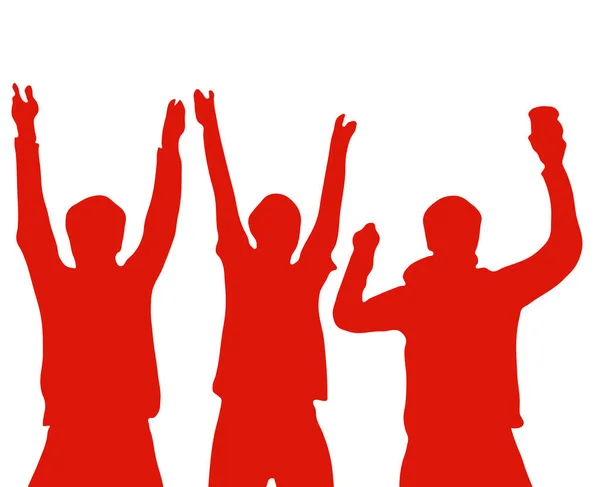 Group Three Happy Cheering Fans Celebrating Goal Making Party Red — Stock Photo, Image