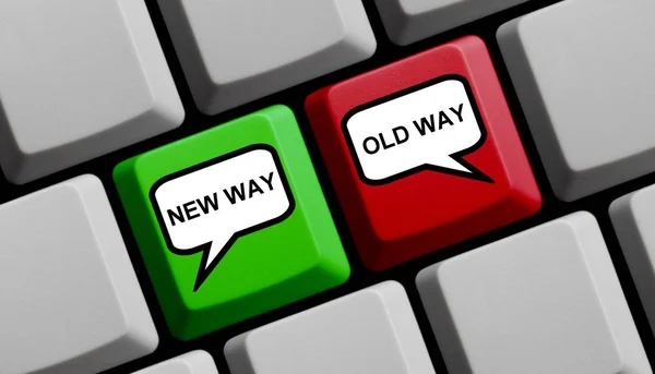New Way and Old Way - Computer Keyboard red and green with speech bubbles