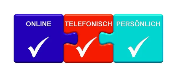 Taste mit drei bunten Stücken: online, telefonisch oder persönlich deutsch — Stockfoto