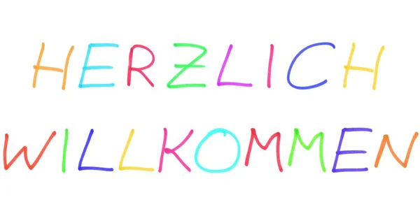 Vítejte - barevné ručně psaný text v německém jazyce — Stock fotografie