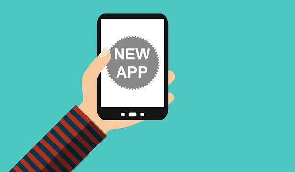 Mão com telefone celular: Novo App - Flat Design — Fotografia de Stock