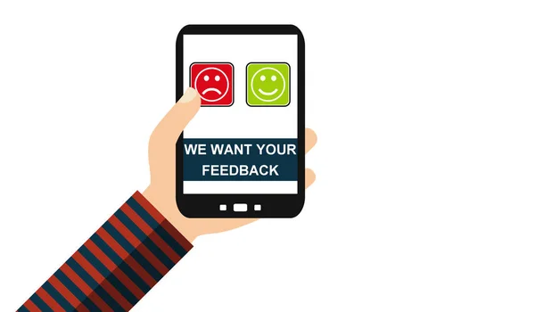 Hand met mobiele telefoon: wij willen uw feedback - plat ontwerp — Stockfoto