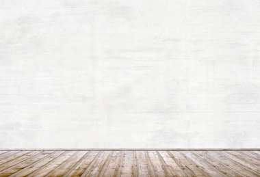 Boş daire veya müzede beton duvar ve kahverengi ahşap zemin