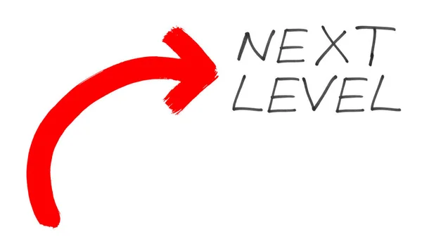 Next level - Handwritten text with red hand painted arrow — Stock Photo, Image