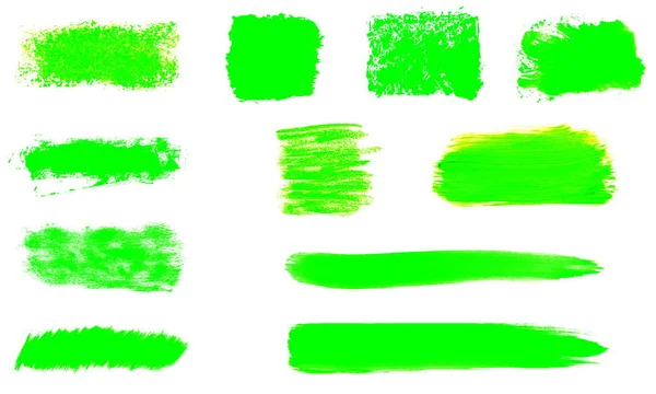 Συλλογή από 11 ζωγραφισμένα λωρίδες πράσινο πινέλο χέρι — Φωτογραφία Αρχείου