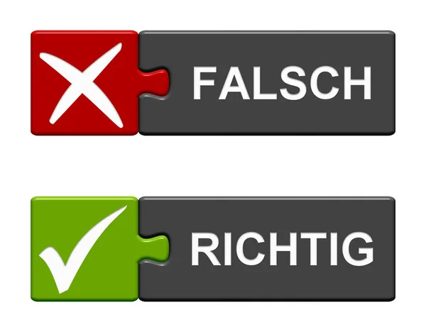 Puzzleknöpfe rechts und falsch deutsch mit grünen und roten Farben — Stockfoto