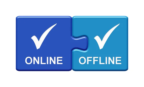 2 pulsanti di puzzle blu che mostrano online e offline — Foto Stock