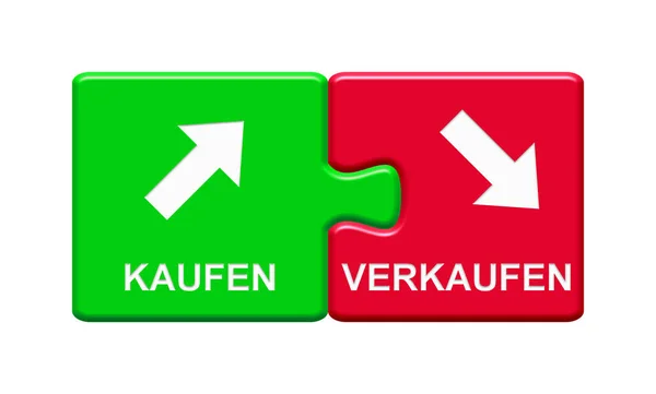 2 botones de rompecabezas que muestran Comprar y vender alemán —  Fotos de Stock