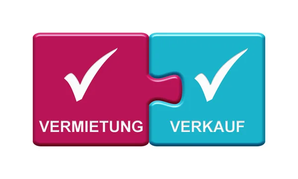 2 кнопки-головоломки, показывающие аренду и продажу немецкого языка — стоковое фото