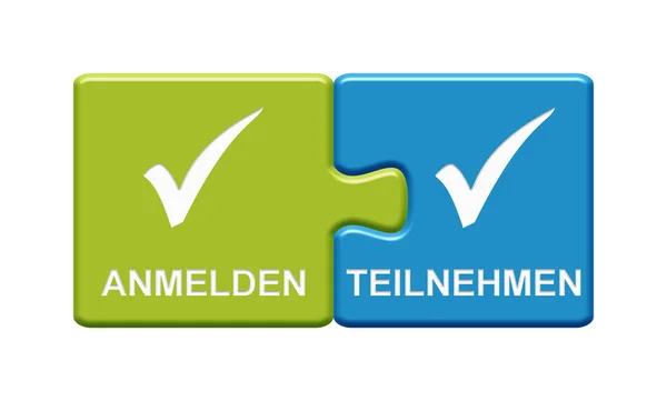 2 Puzzle Buttons showing Sign in and Take Part german — Stock Photo, Image