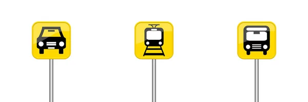 Coche, tren o autobús - Tres signos amarillos — Foto de Stock