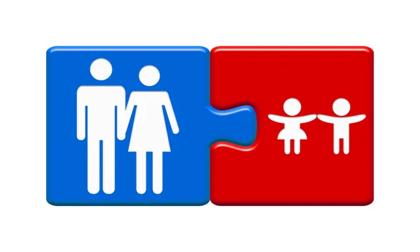 男人和女人与男孩和女孩的象征一起在两个红色的拼图 — 图库照片