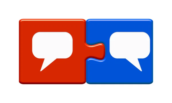 Duas peças de quebra-cabeça vermelho e azul com ícones de bolhas de fala — Fotografia de Stock