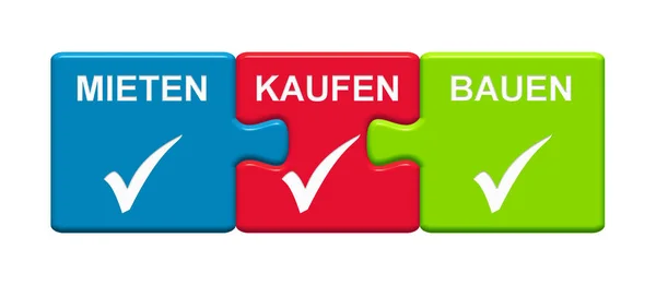 3 Puzzle Buttons showing Rent Buy Build german — Stock Photo, Image