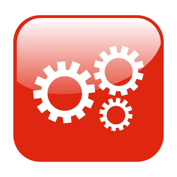 红色闪亮的按钮：用于机械或团队合作的齿轮符号 — 图库照片