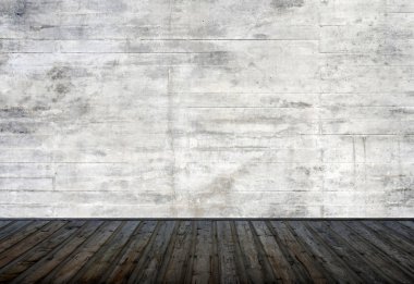 Açık gri beton duvar ve ahşap zemin ile daire veya müze boş oda