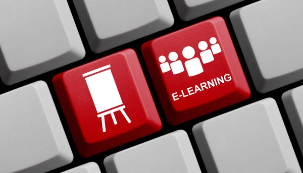 E-Learning online-symbole na czerwonej klawiaturze komputerowej — Zdjęcie stockowe