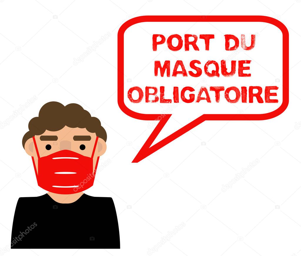 Man with Coronavirus Mask for protection says: Wearing a mask required in french language