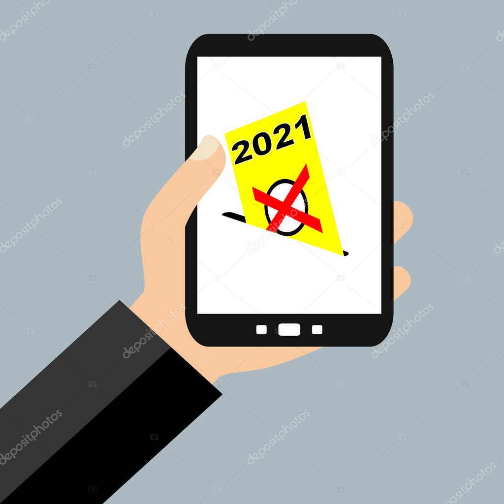 Hand with Smartphone: Digital Election in 2021 - Flat Design