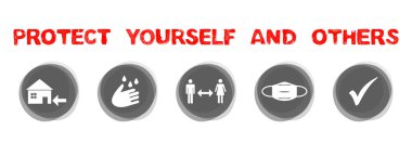 Coronavirus Covid-19 kırmızı gri: Kendinizi ve diğerlerini koruyun - Evde kalın, yıkanın ve ellerinizi yıkayın, mesafenizi koruyun, maske takın