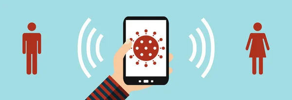 显示Coronavirus Smartphone App的蓝色红色横幅警告与感染者关系密切的用户 — 图库照片