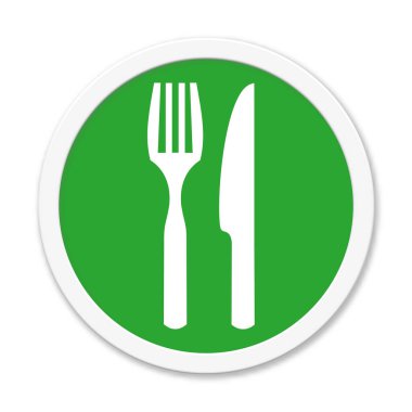 Yuvarlak yeşil düğmeli, çatal bıçak sembollü, garip, mutfak ya da restoranı gösteren.