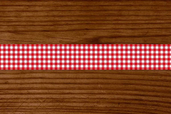 Texture Brown Wooden Table Tablecloth Stripe Checkered Red White — Stock Photo, Image