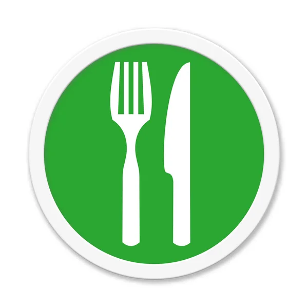 Kulatý Zelený Knoflík Symbolem Příboru Znázorňujícím Fodd Kuchyni Nebo Restauraci — Stock fotografie
