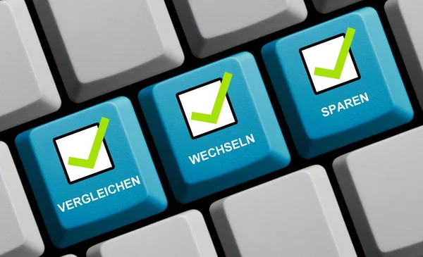 ビジネスコンセプト 青いコンピュータのキーボードの3Dイラストのティックとドイツ語でオンラインでお金を比較 — ストック写真