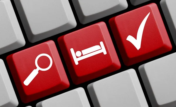 Online Search Hotels Apartments Overnight Stay Red Computer Keyboard Magnifying — Stock Photo, Image
