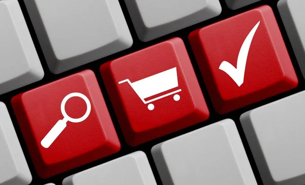 Online Search Negozi Supermercato Onlineshops Tastiera Rossa Computer Con Lente — Foto Stock