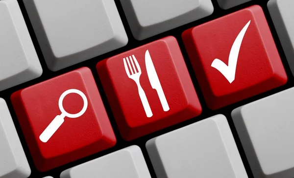 Online Search Restaurant Food Catering Teclado Computador Vermelho Com Lupa — Fotografia de Stock