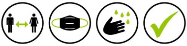 Daireler halinde siyah ve yeşil simgeler - Covid-19 koruma: Sosyal Mesafe, Yüz Maskesi, Hijyen, Kontrol