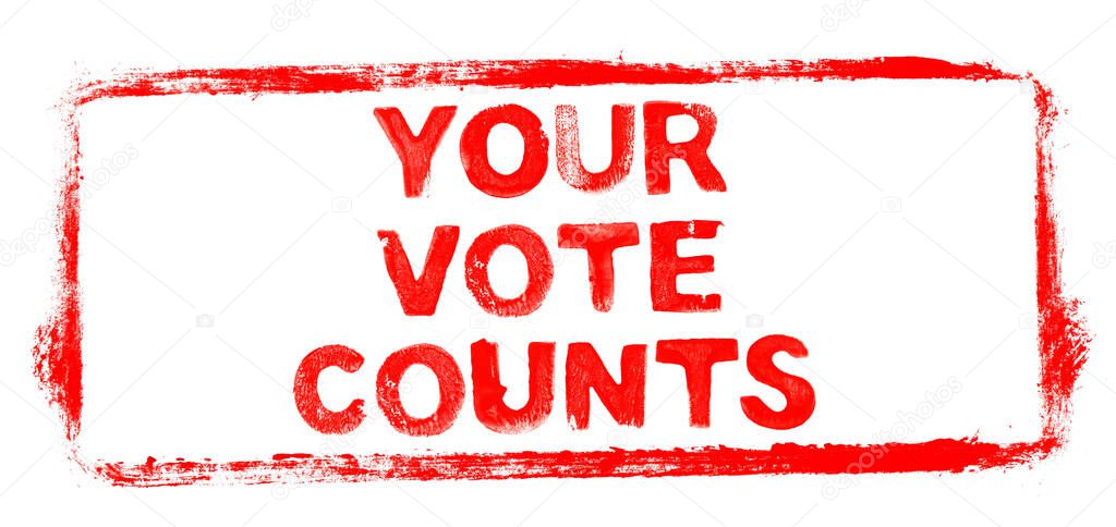 Your vote counts Banner: Red rubber stamp frame with stencil text