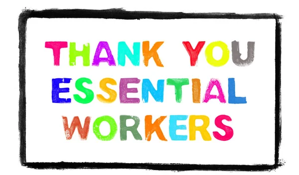 Texto Gracias Trabajadores Esenciales Con Letras Coloridas Marco Negro — Foto de Stock
