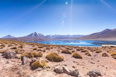 Lagunas Altiplanicas, Miscanti y Miniques, Atacama Çölü 'nün muhteşem manzarası. Şili, Güney Amerika.