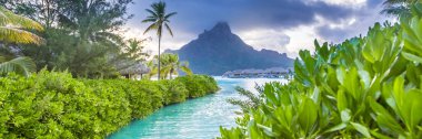 Bora Bora Adası, Fransız Polinezyası. Panoramik manzaralı web pankartı Bu inanılmaz plaj