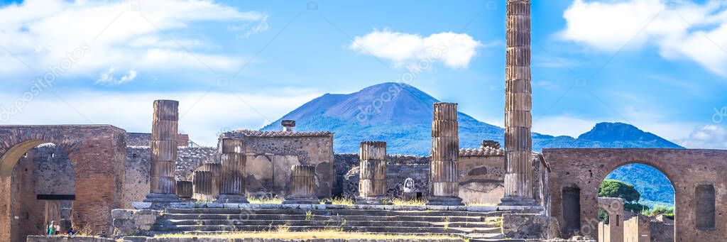 Ancient ruins of Pompeii, Italy. Web banner in panoramic view.