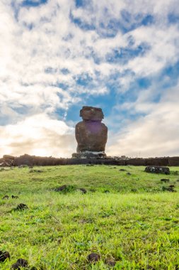 Paskalya Adası 'ndaki Anakena Sahili ya da Şili' deki Rapa Nui. Ahu Nua Nua 'da Moai. Güney Amerika.