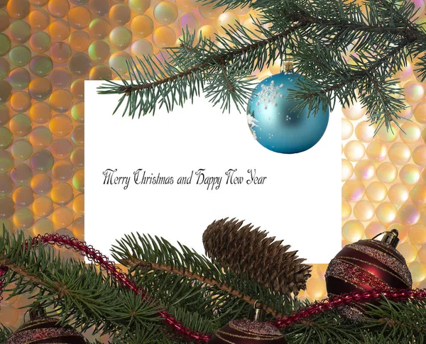 Beautiful greeting card for Christmas with colorful Christmas balls on the background of Golden Christmas trees with a green Christmas tree