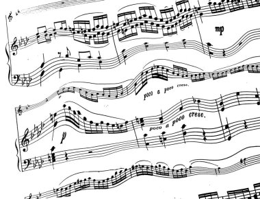 Beyaz arka plan üzerinde melodi notaları ile tiz ve bas clef