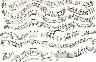 Beyaz arka plan üzerinde melodi notaları ile tiz ve bas clef